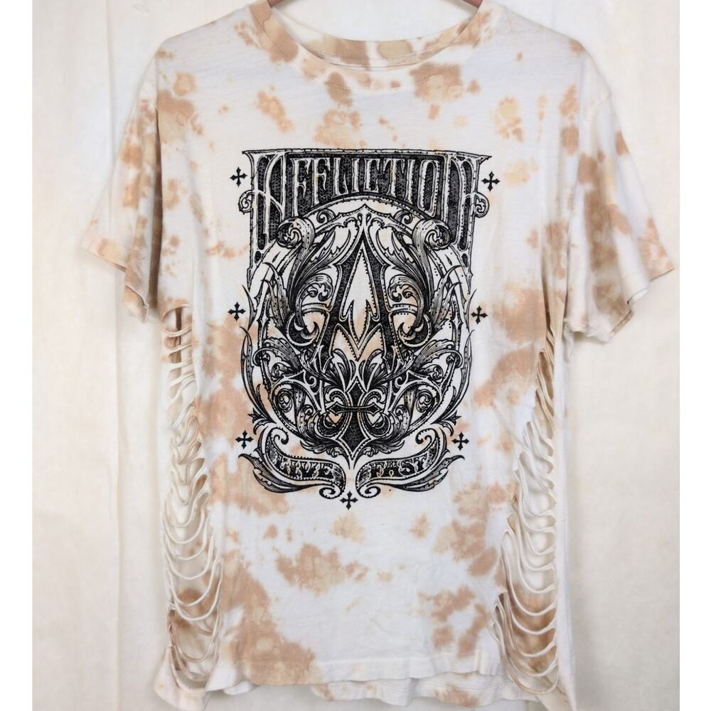 Affliction tan tie dye rhinestone ripped sides tshirt Size Large Y2K Biker Retro